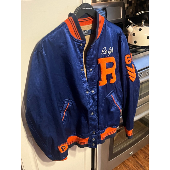 Polo Ralph Lauren Varsity Bomber Satin Jacket Mens Medium Blue Chenille - Picture 5 of 11